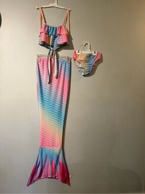 Girls Pastel Rainbow Mermaid Swim Set - Multicolor
